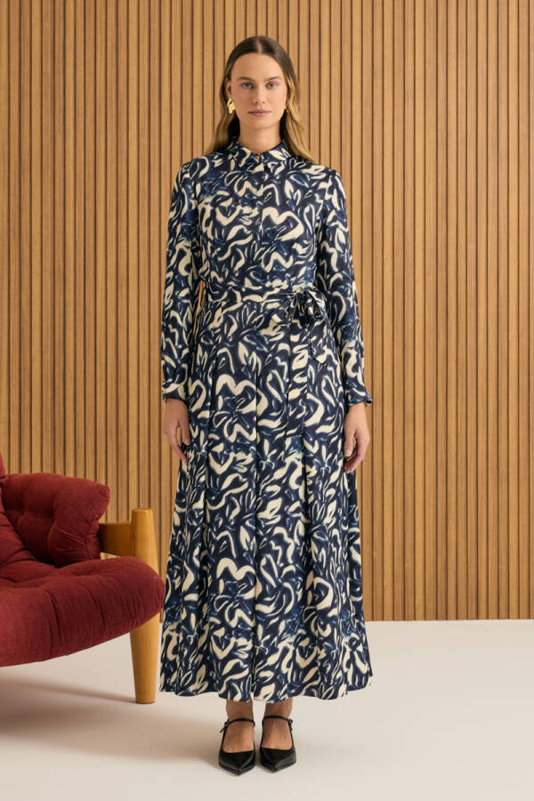 Lacivert Desenli Viscon Elbise - 3