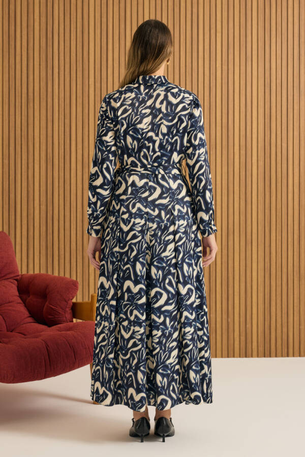 Lacivert Desenli Viscon Elbise - 6
