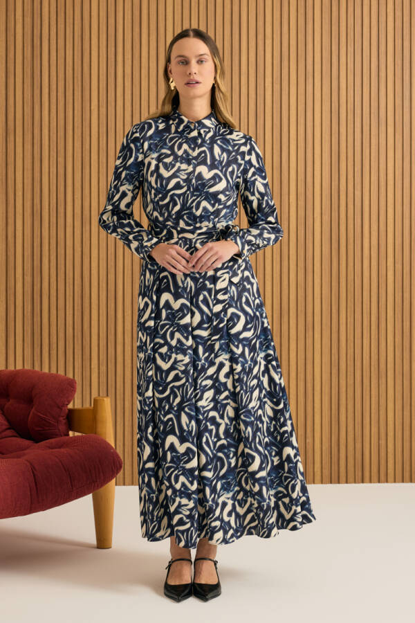 Lacivert Desenli Viscon Elbise - Aker (1)