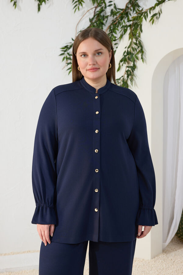 Lacivert Dik Yaka Kol Lastik Detaylı Bluz - 2