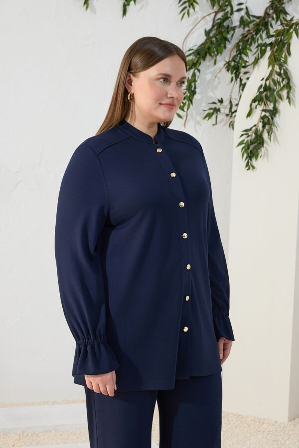 Lacivert Dik Yaka Kol Lastik Detaylı Bluz - 4
