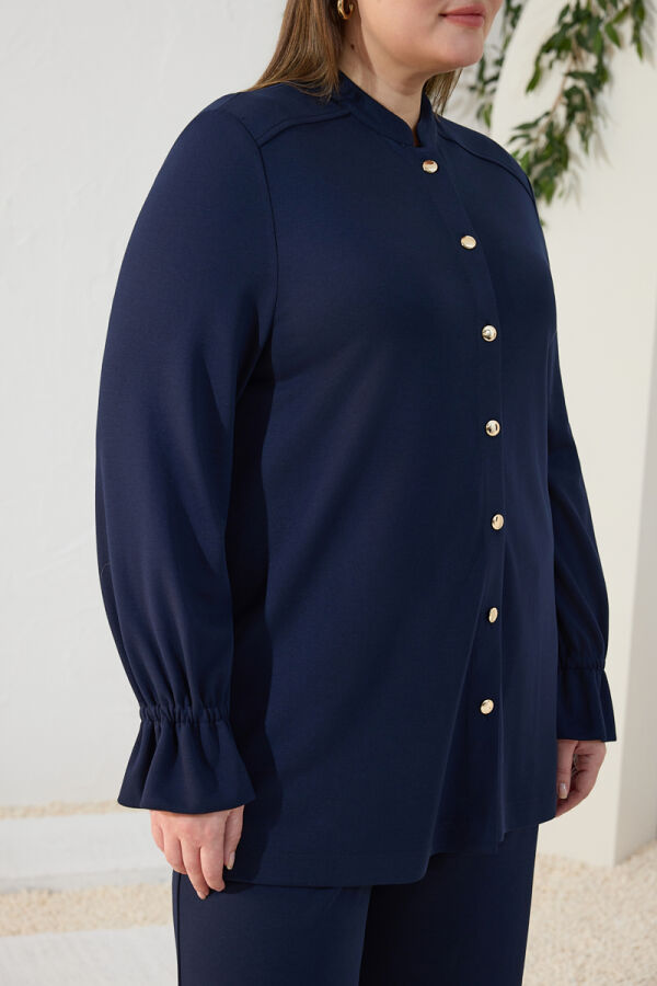 Lacivert Dik Yaka Kol Lastik Detaylı Bluz - 5