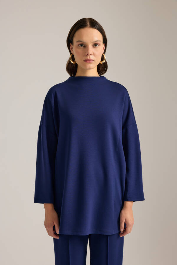 Lacivert Dik Yaka Viscon Sweatshirt - Aker