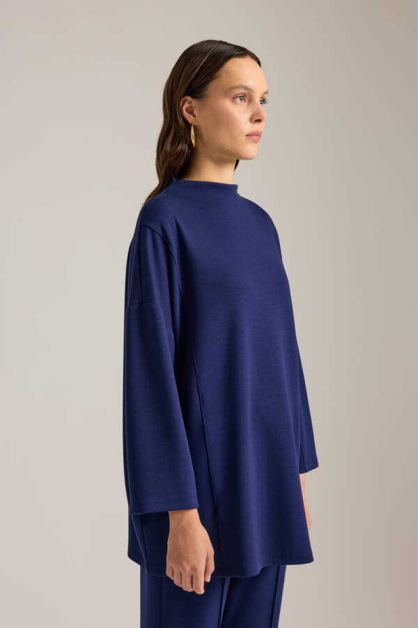 Lacivert Dik Yaka Viscon Sweatshirt - 3