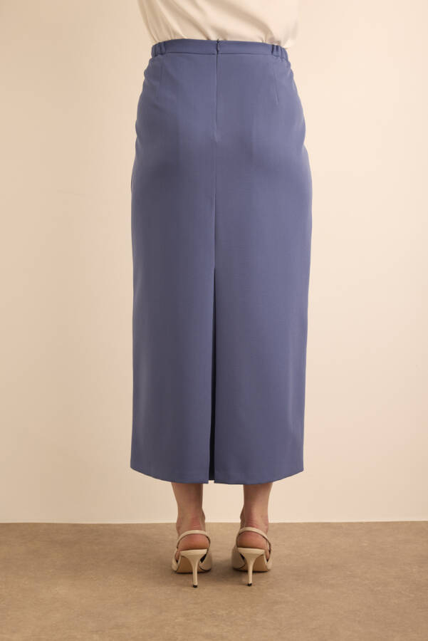 Lacivert Dokuma Beli Lastik Detaylı Etek - 7