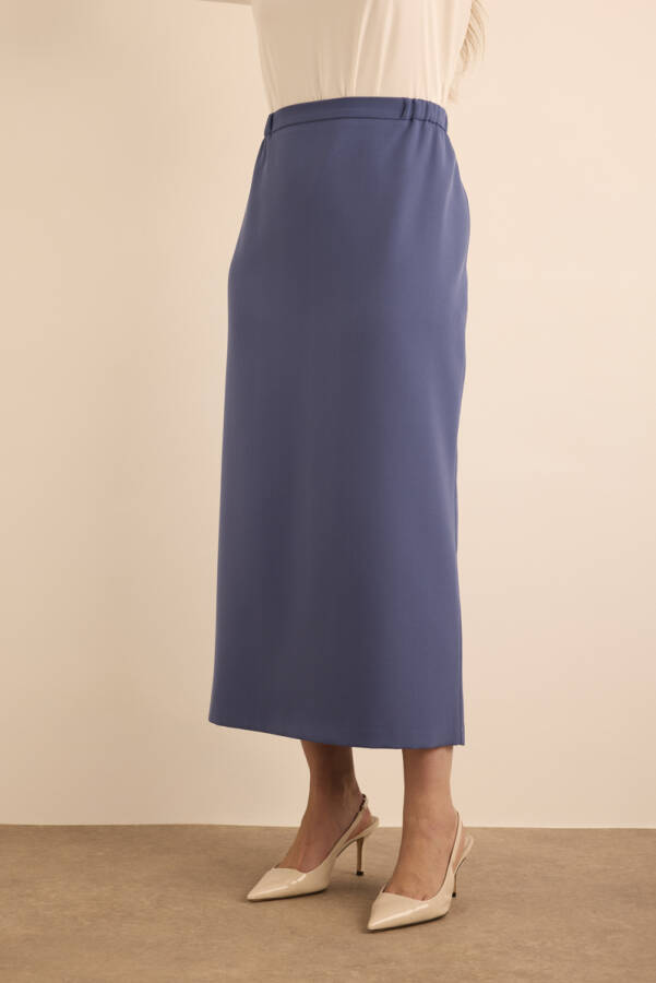 Lacivert Dokuma Beli Lastik Detaylı Etek - 5