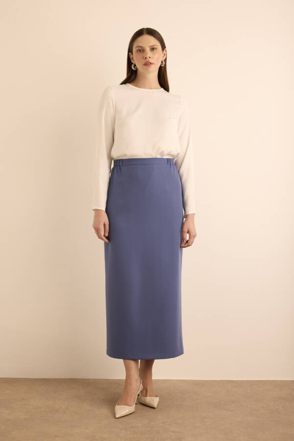 Lacivert Dokuma Beli Lastik Detaylı Etek - Aker (1)