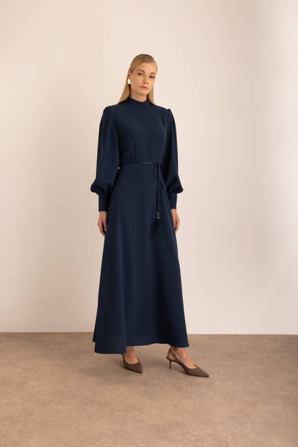 Lacivert İşlemeli Bağcık Detaylı Dokuma Elbise - Aker (1)