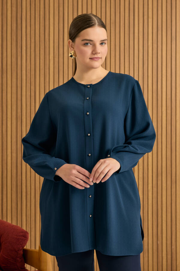 Lacivert Dökümlü Bluz - 1