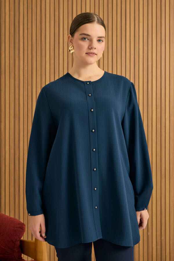 Lacivert Dökümlü Bluz - 2