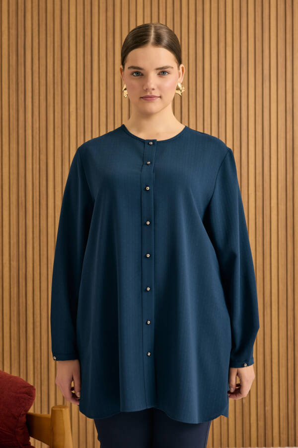 Lacivert Dökümlü Bluz - 3