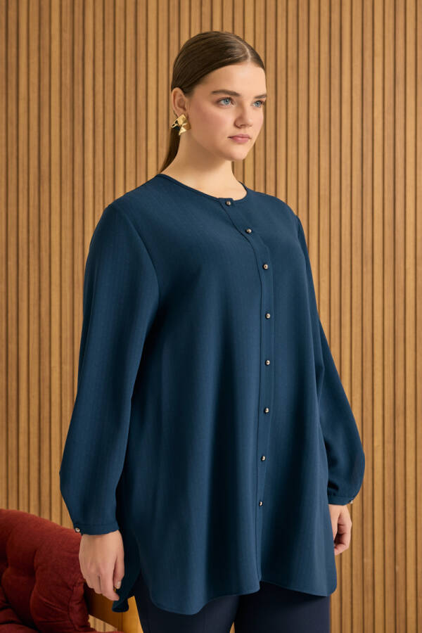Lacivert Dökümlü Bluz - 4