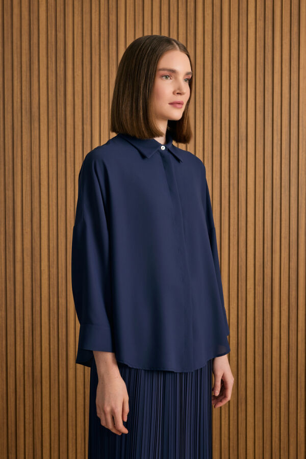 Lacivert Dökümlü Bluz - 3