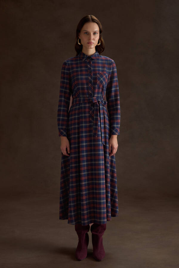 Lacivert Ekose Desenli Elbise - Aker