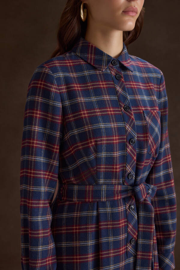 Lacivert Ekose Desenli Elbise - 3