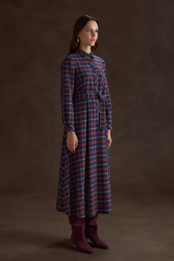 Lacivert Ekose Desenli Elbise - Aker (1)