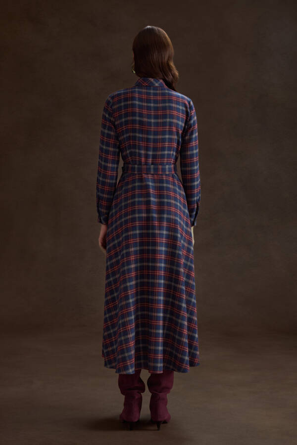 Lacivert Ekose Desenli Elbise - 4