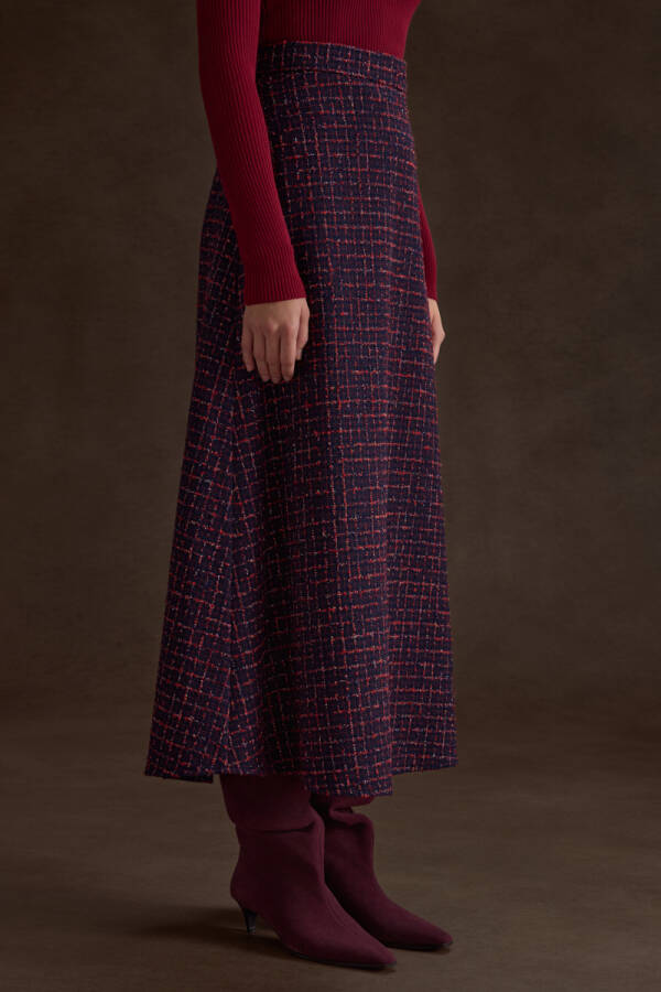 Lacivert Ekose Tweed Kumaş Evaze Etek - 3