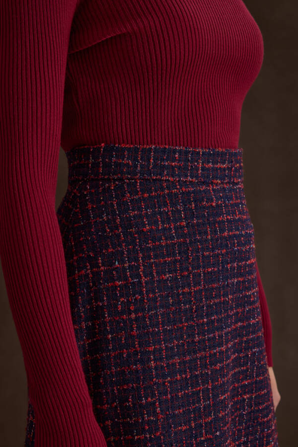 Lacivert Ekose Tweed Kumaş Evaze Etek - 4