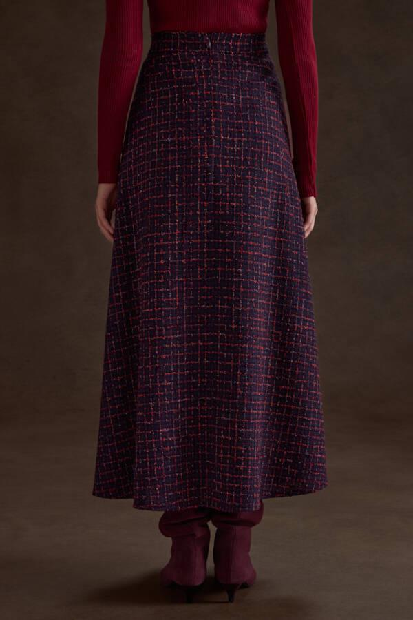 Lacivert Ekose Tweed Kumaş Evaze Etek - 5