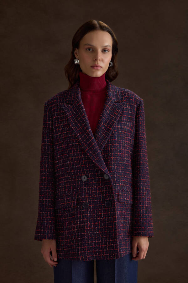 Lacivert Ekose Tweed Kumaş Kruvaze Ceket - 3