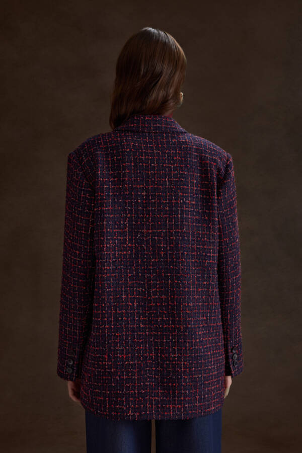 Lacivert Ekose Tweed Kumaş Kruvaze Ceket - 6