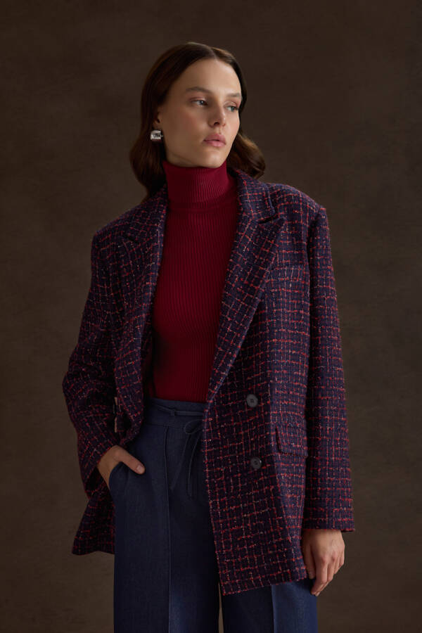 Lacivert Ekose Tweed Kumaş Kruvaze Ceket - 1