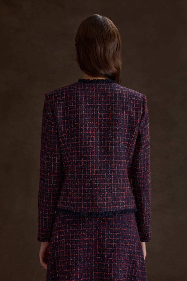 Lacivert Ekose Tweed Kumaş Püskül Detaylı Kısa Ceket - 6