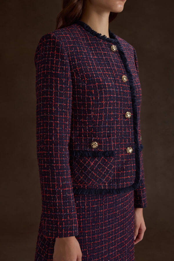 Lacivert Ekose Tweed Kumaş Püskül Detaylı Kısa Ceket - 4