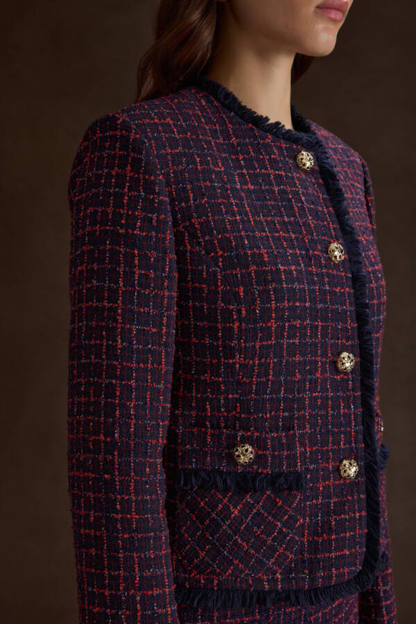 Lacivert Ekose Tweed Kumaş Püskül Detaylı Kısa Ceket - 5