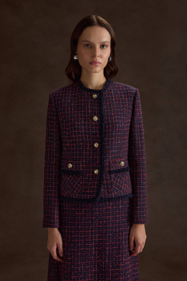 Lacivert Ekose Tweed Kumaş Püskül Detaylı Kısa Ceket - Aker