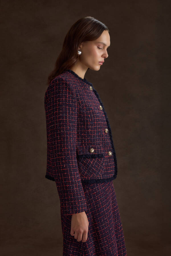 Lacivert Ekose Tweed Kumaş Püskül Detaylı Kısa Ceket - 3