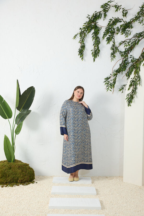 Lacivert Eteği Sulu Desenli Elbise - Aker (1)