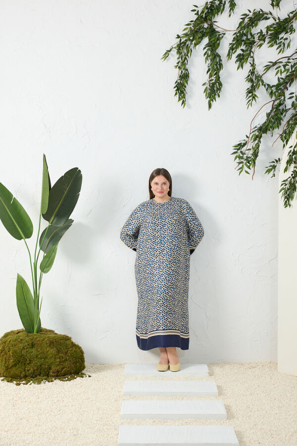 Lacivert Eteği Sulu Desenli Elbise - 1