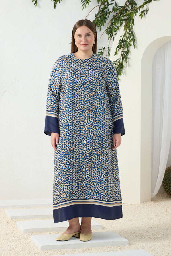 Lacivert Eteği Sulu Desenli Elbise - 3