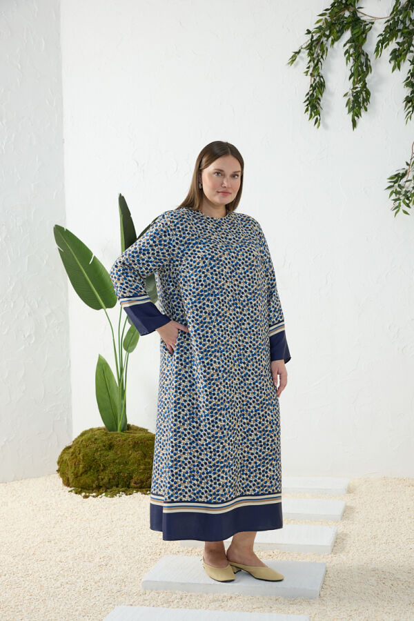 Lacivert Eteği Sulu Desenli Elbise - 4