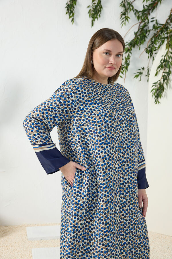 Lacivert Eteği Sulu Desenli Elbise - 6
