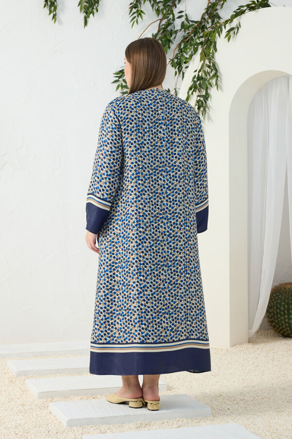 Lacivert Eteği Sulu Desenli Elbise - 7