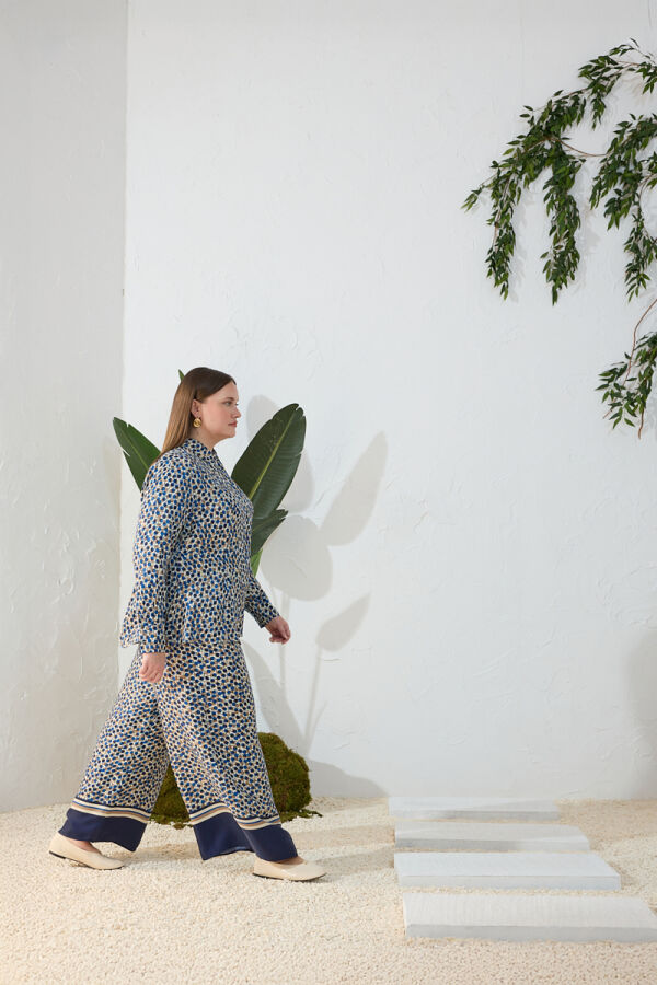 Lacivert Eteği Sulu Desenli Pantolon - 1