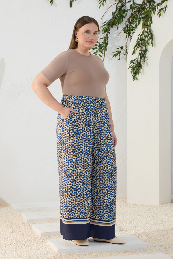 Lacivert Eteği Sulu Desenli Pantolon - 3