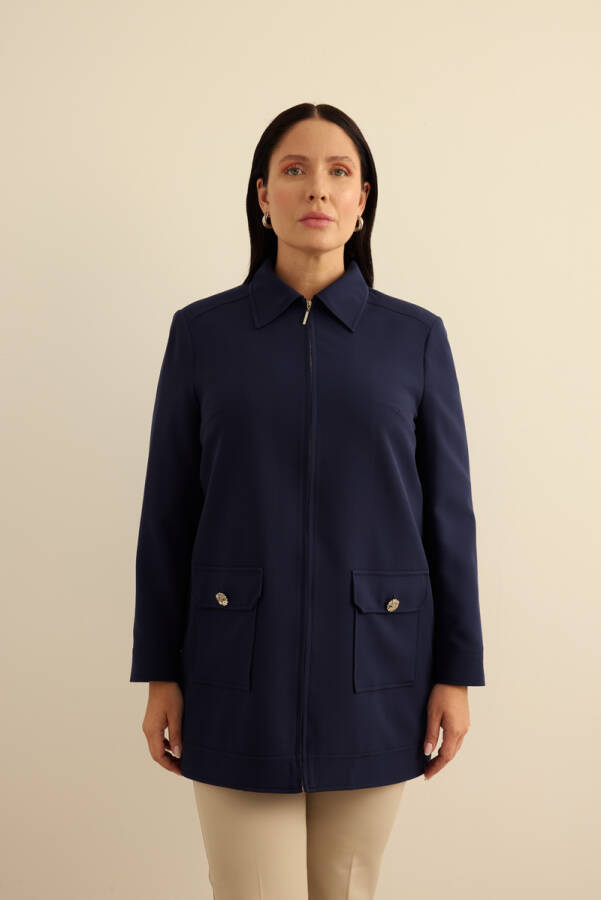 Lacivert Fermuarlı , Cepli Dokuma Kap - 4