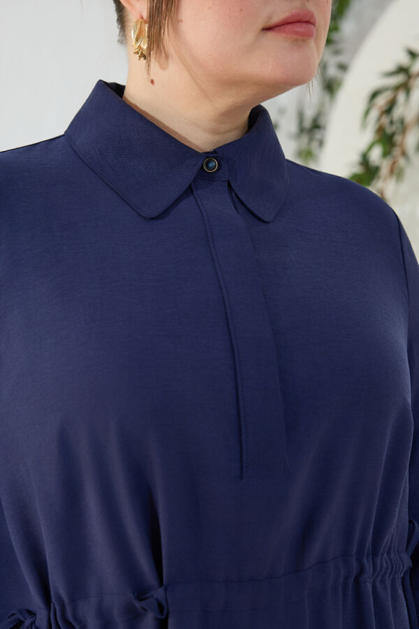 Lacivert Gömlek Yaka Elbise - 4