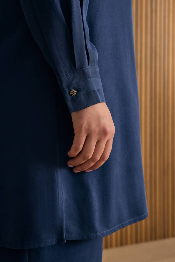 Lacivert Hakim Yaka Tencel Bluz - 5