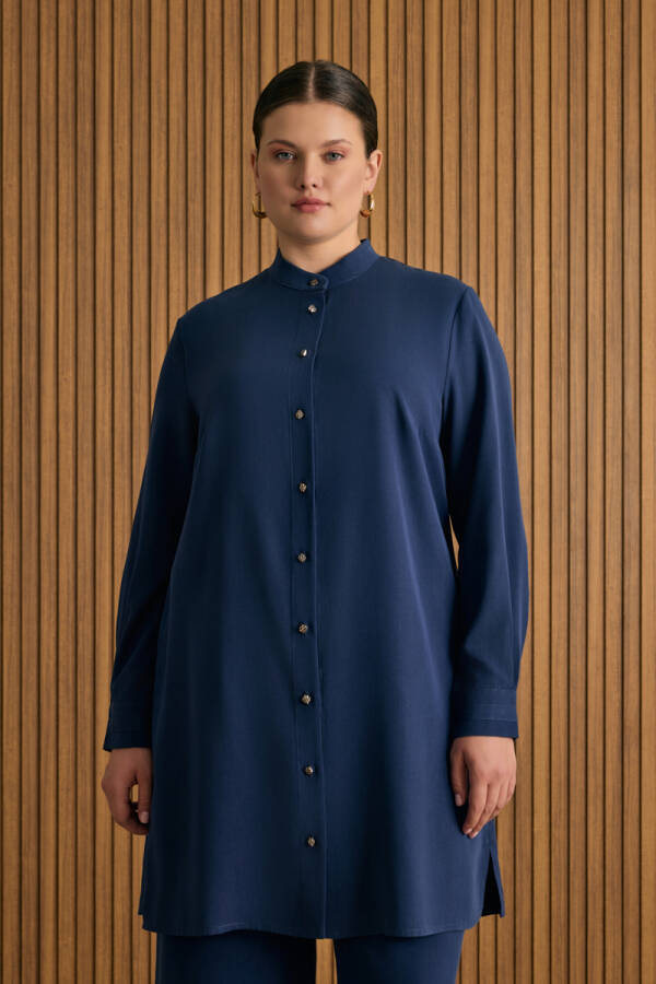 Lacivert Hakim Yaka Tencel Bluz - Aker