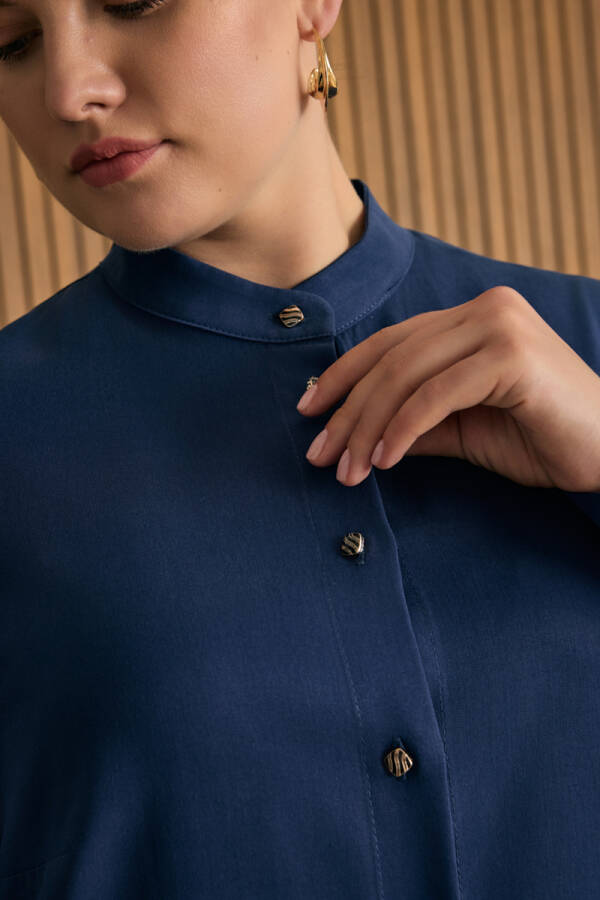 Lacivert Hakim Yaka Tencel Bluz - 4