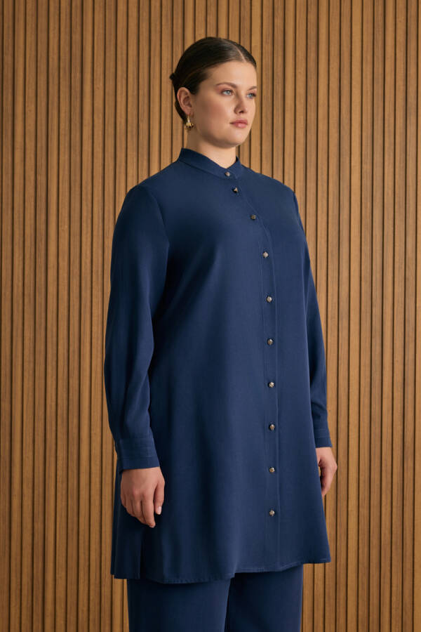 Lacivert Hakim Yaka Tencel Bluz - 3