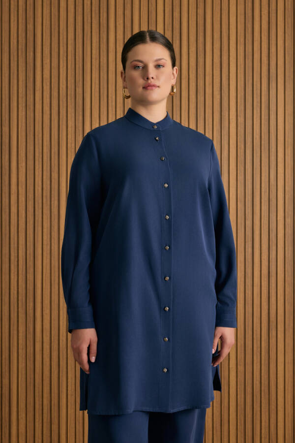 Lacivert Hakim Yaka Tencel Bluz - Aker (1)