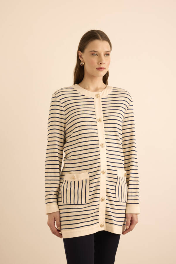 Lacivert Cotton Garnili Çizgili Örme Hırka - 4