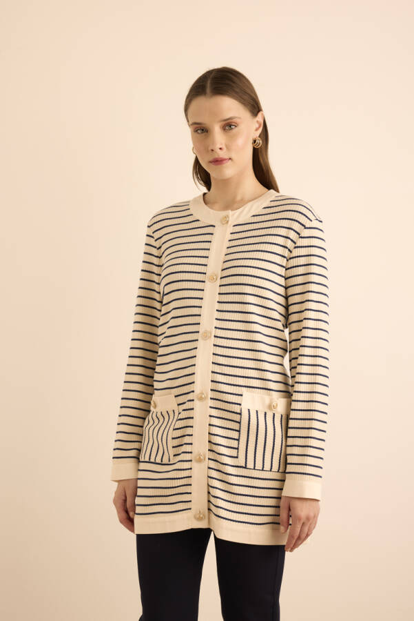 Lacivert Cotton Garnili Çizgili Örme Hırka - 2