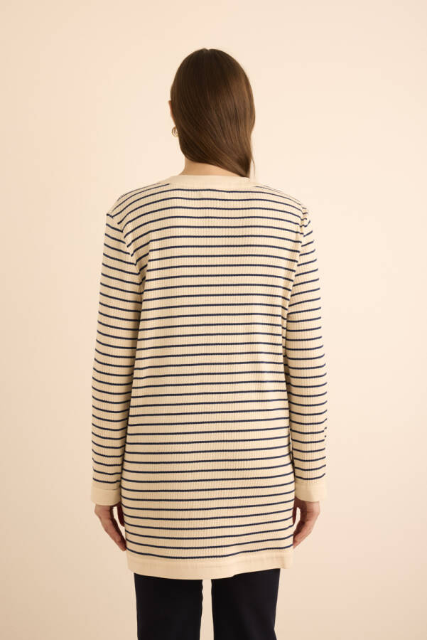 Lacivert Cotton Garnili Çizgili Örme Hırka - 7